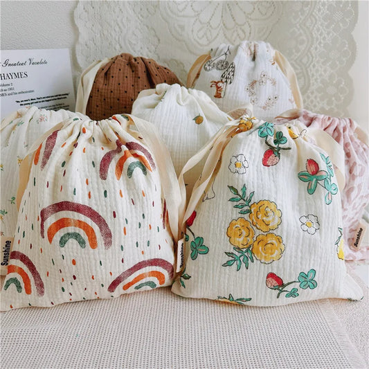 100% Natural Cotton Mommy Storage Bags Outdoor Baby Diaper Carrier Cute Sunshine Rainbow Printing Drawstring Pouches 27x25cm
